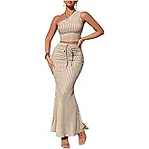 MakeMeChic Women's 2 Piece Summer Outfit Striped One Shoulder Crop Tops and Drawstring Maxi Skirt Set