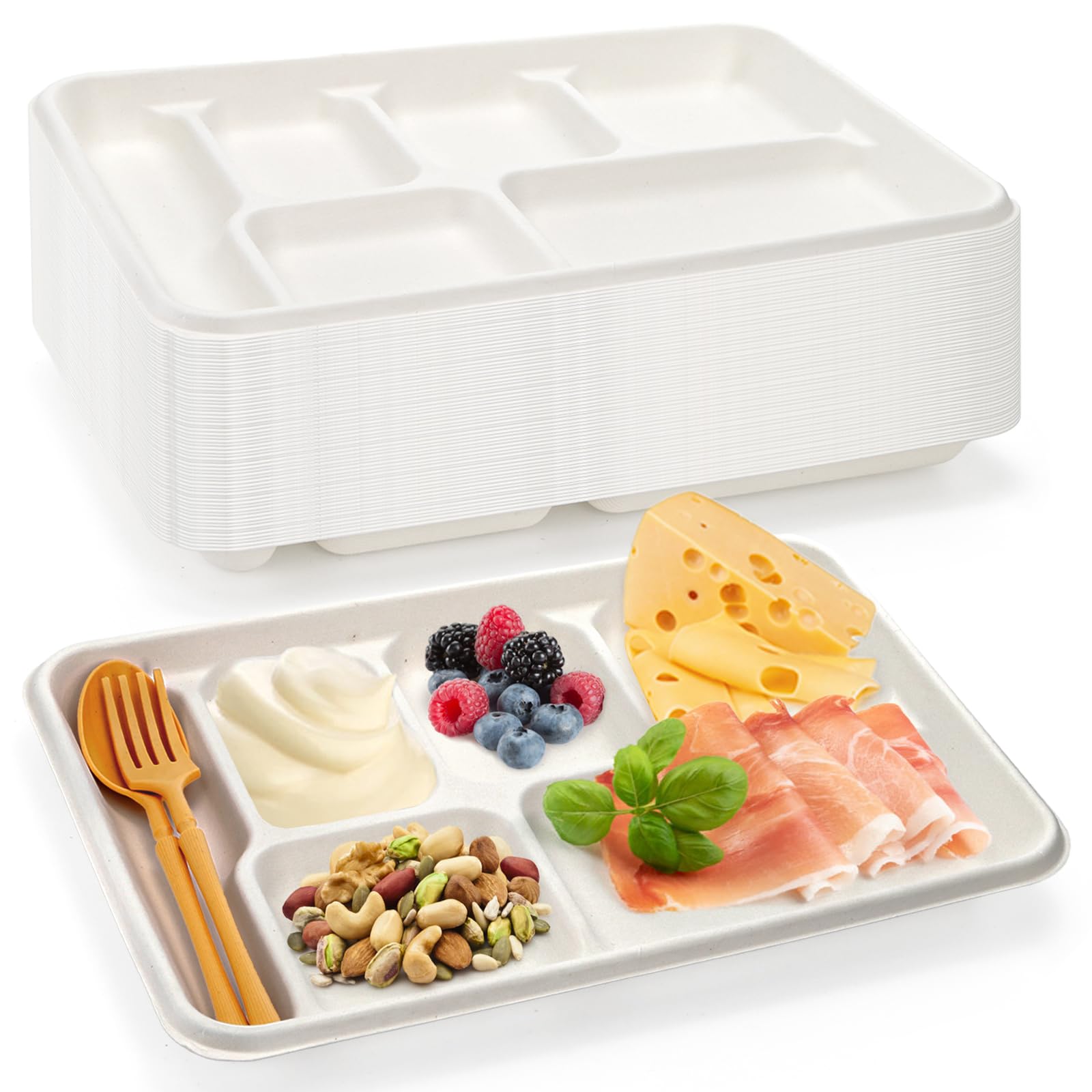 Photo 1 of Bekith 60 Pack 6-Compartment Disposable Paper Plate, 100% Compostable Bagasse School Lunch Tray, Heavy-Duty Sectional Plates Made of Sugar Cane Fibers
