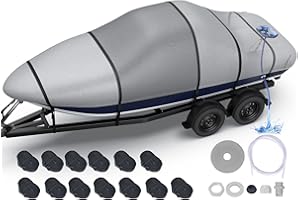 FONZIER Heavy Duty Boat Cover 23'-24', 1400D Middle Reinforced Waterproof Polyester Canvas, Trailerable Boat Cover with Fast Drainage Kits Fit 23-24ft V-Hull/Tri-Hull/Runabout/Bass Boat/Fish & Ski, Gray