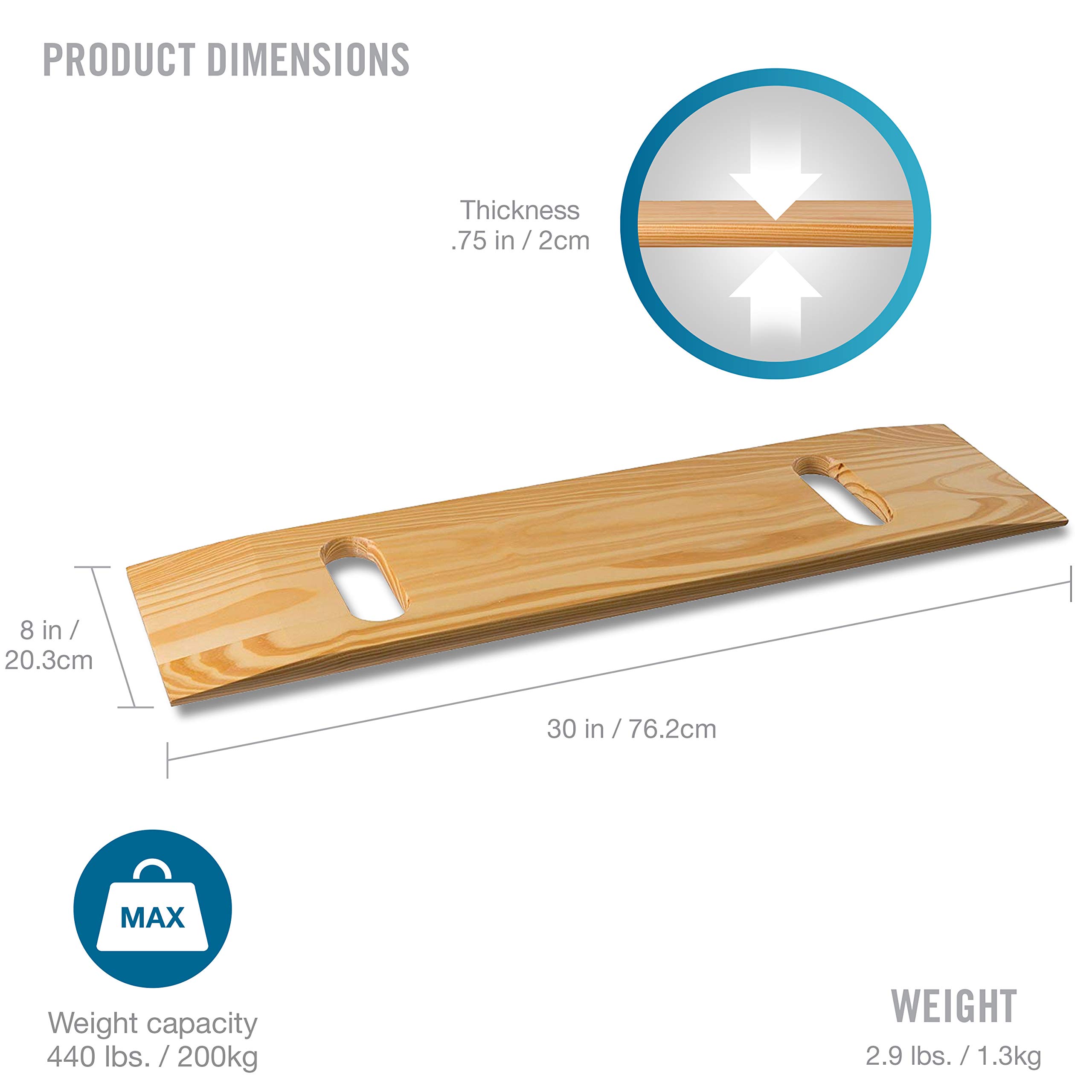 DMI Wooden Slide Transfer Board, 440 lb Capacity Heavy Duty Slide Boards for Transfers of Seniors and Handicap, 30 x 8 x 1 - (2) Cut Out Handles