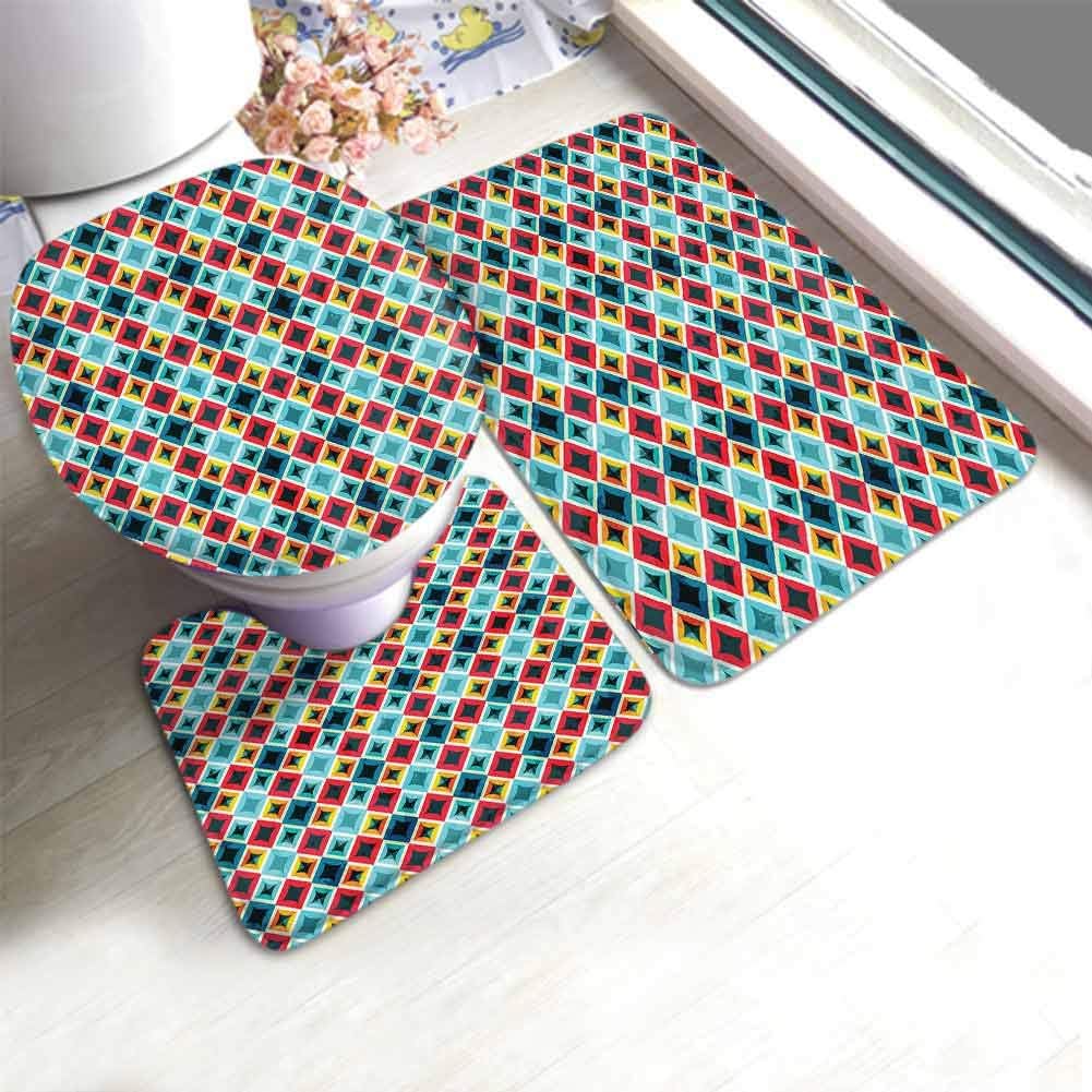 Geometric Bathroom Rug Set 3 Pieces Grunge Colorful Mosaic