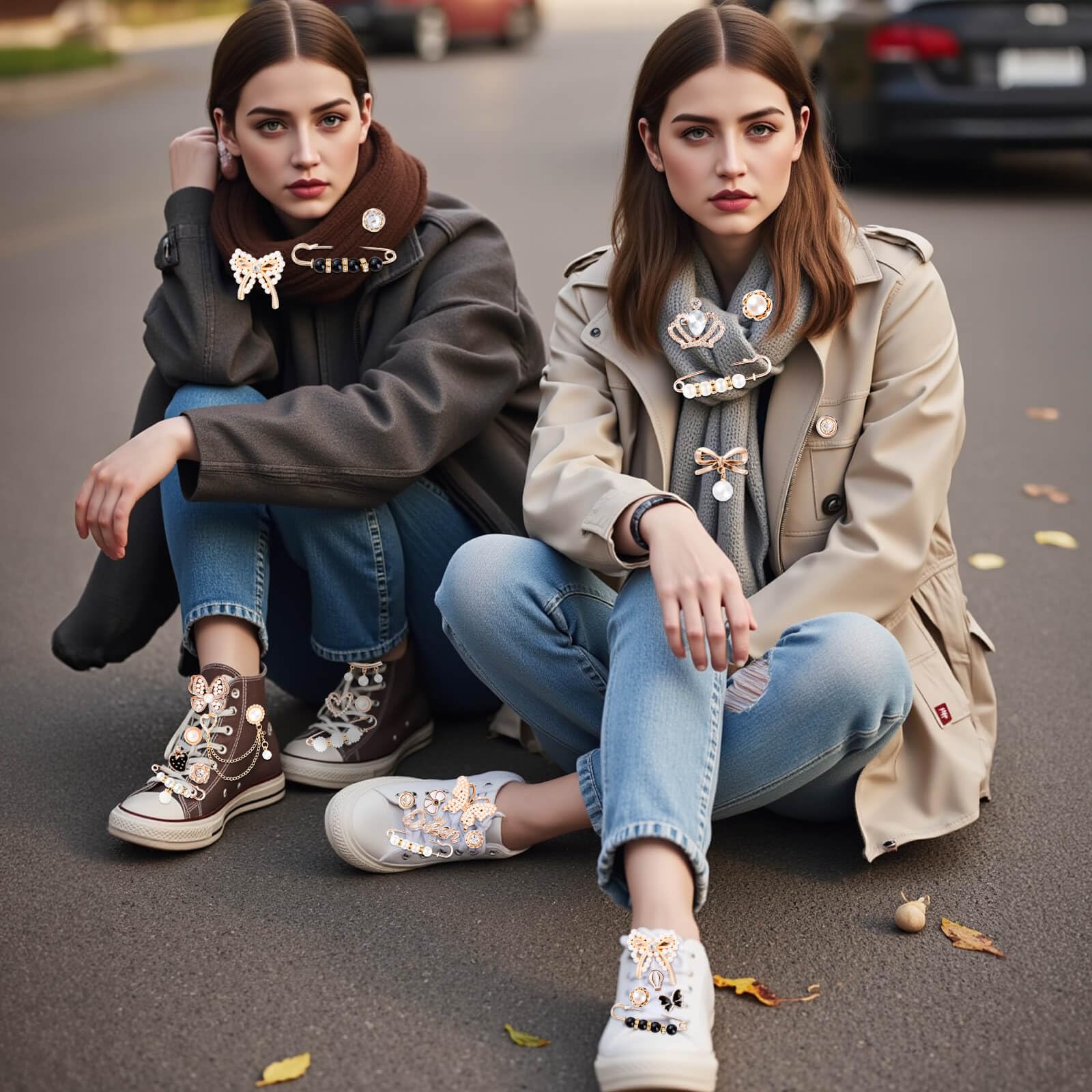 RQAYE 80pcs Junk Socks Charms Kit, Brooches and Pins for Women,Gold Shoe Charms,Shoe Charms for Sneakers, Safety Pin,Sock Charms Kit Bulk for Hat Clothes，Sock Jewelry Charms