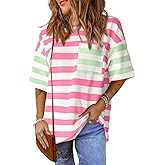 Womens Oversized Color Block Striped Tshirts Summer Casual Short Sleeve Tops Loose Fit Crew Neck Shirts