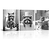 Canvbay Funny Bathroom Animals Wall Art Raccoon in Bathtub Canvas Prints Black and White Toilet Paper Raccoon Pictures Posters Cute Animal Artwork Framed for Farmhouse Restroom Decor 12x16inchx3pcs