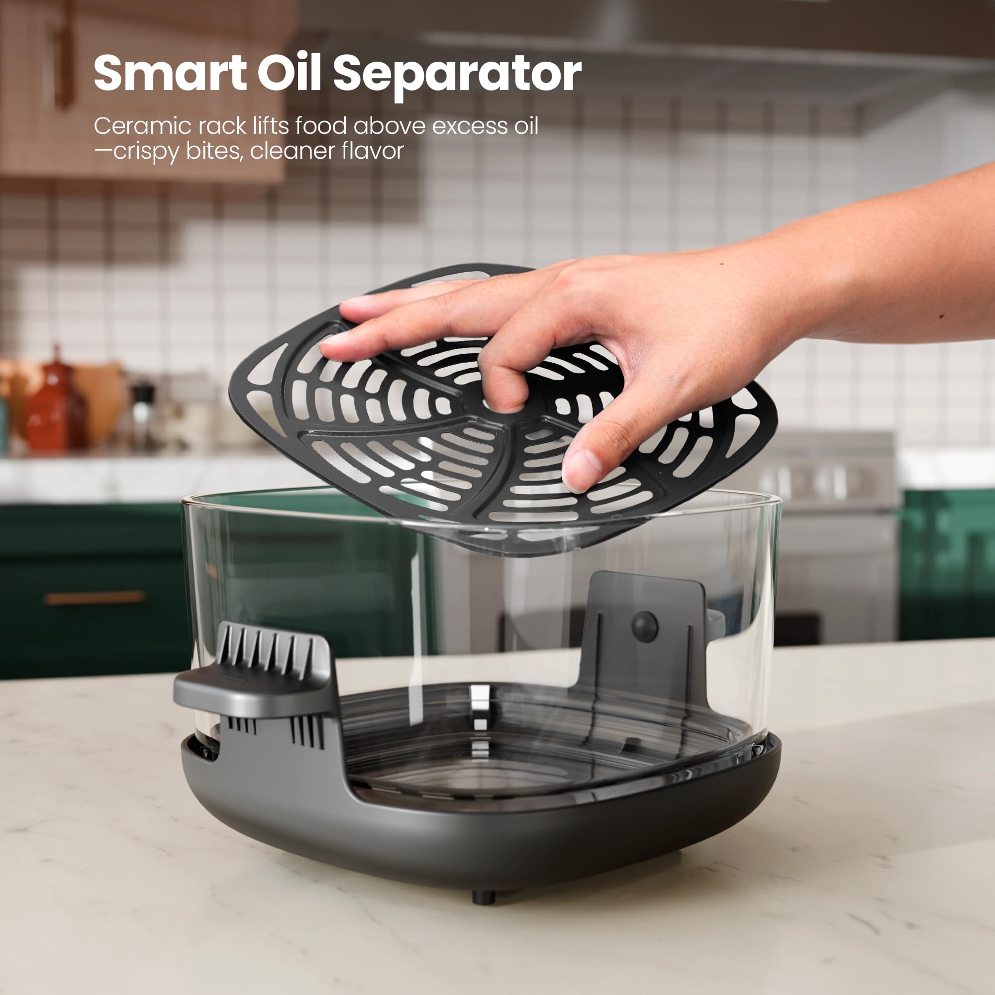 Kismile Freidora de aire de vidrio portátil 5 en 1, recipientes de vidrio dobles con tapas de 2.6QT y 4.7QT, 85% menos de aceite, horno freidora de aire inteligente compacto para asado profundo, crujiente, mantener caliente - Apto para congelador y lavavajillas