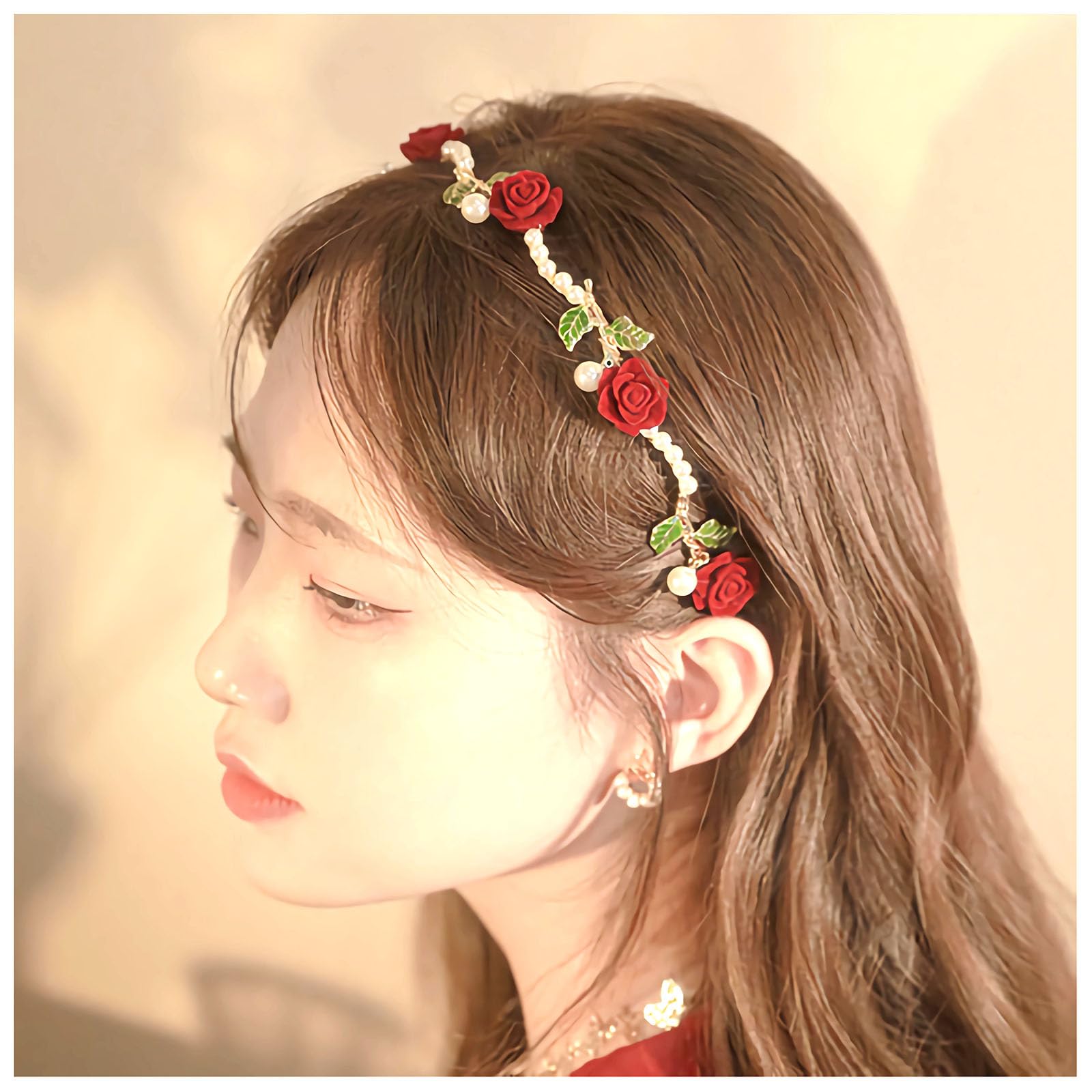 Pearl Rose Flower Headband 1920s French Vintage Camellia Hair Hoop 1920s Leaf hair Band Headpiece Accessories for Women Girls (Red)