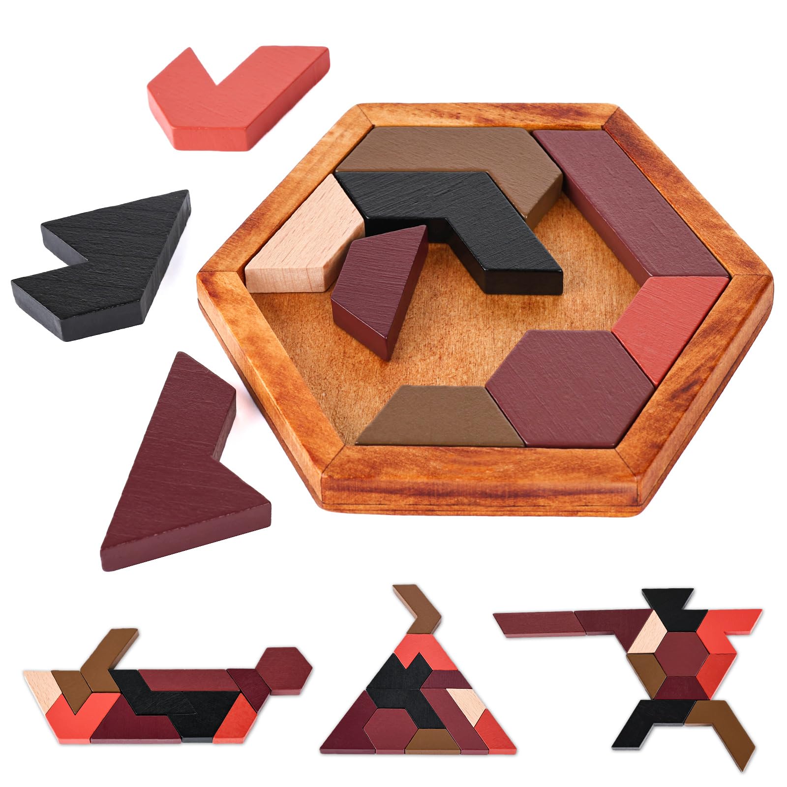 3 otters Hexagon Tangram Puzzle, Wooden Brain Puzzles Challenging Wooden Brain Teasers Puzzle Games Brain Games for Kids Family Party Gift
