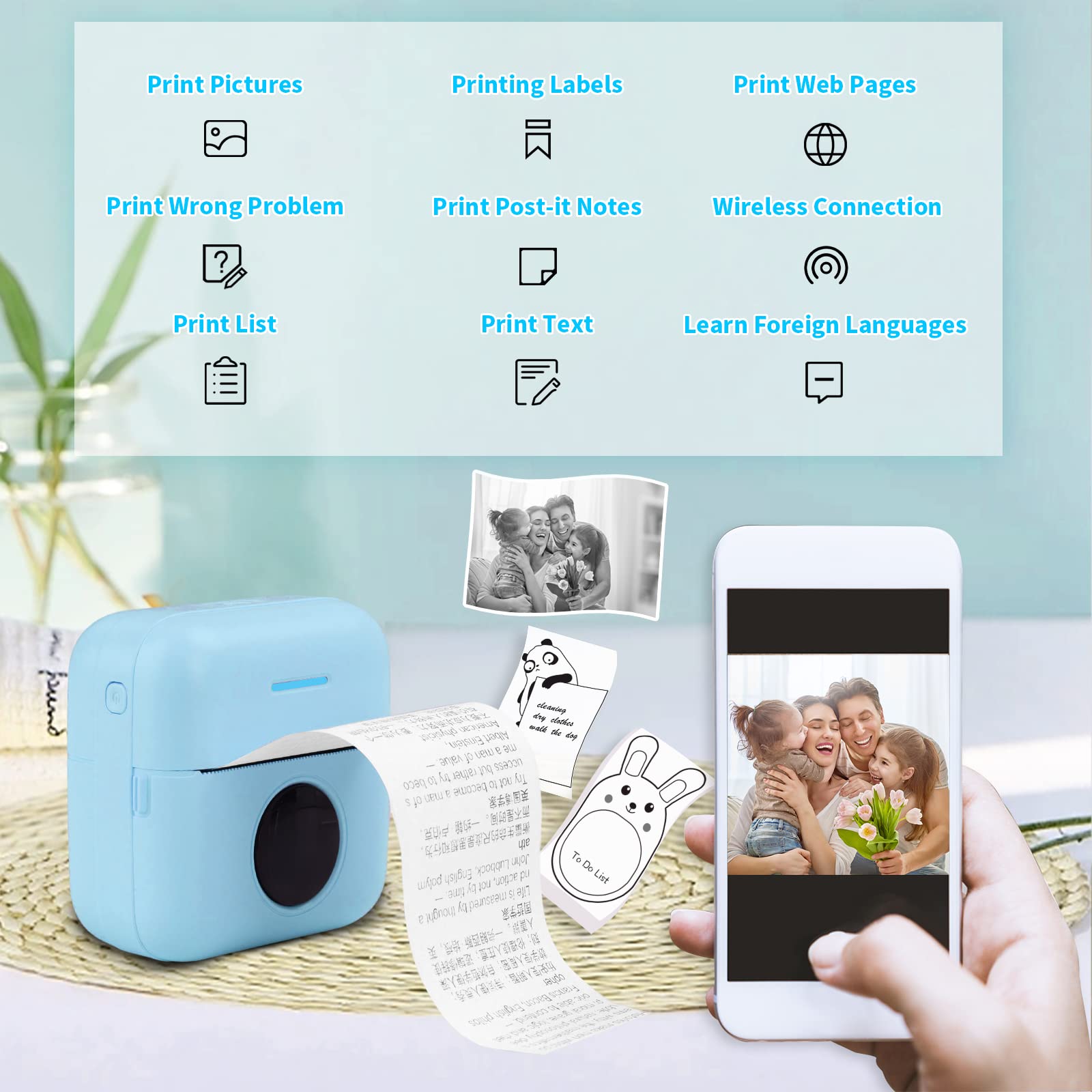 HuiJuKeJi Mini Sticker Printer Bluetooth Smart Pocket Inkless Thermal Printer with 11 Rolls Thermal Paper and Sticker for iOS&Android, Portable Receipt Printer for Photo Journal Notes Memo