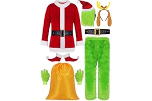 OUMBIVIL 9pcs Adult Christmas Costume Mens Deluxe Green Big Monster Santa Claus Suit Furry Xmas Halloween Outfit with Mask