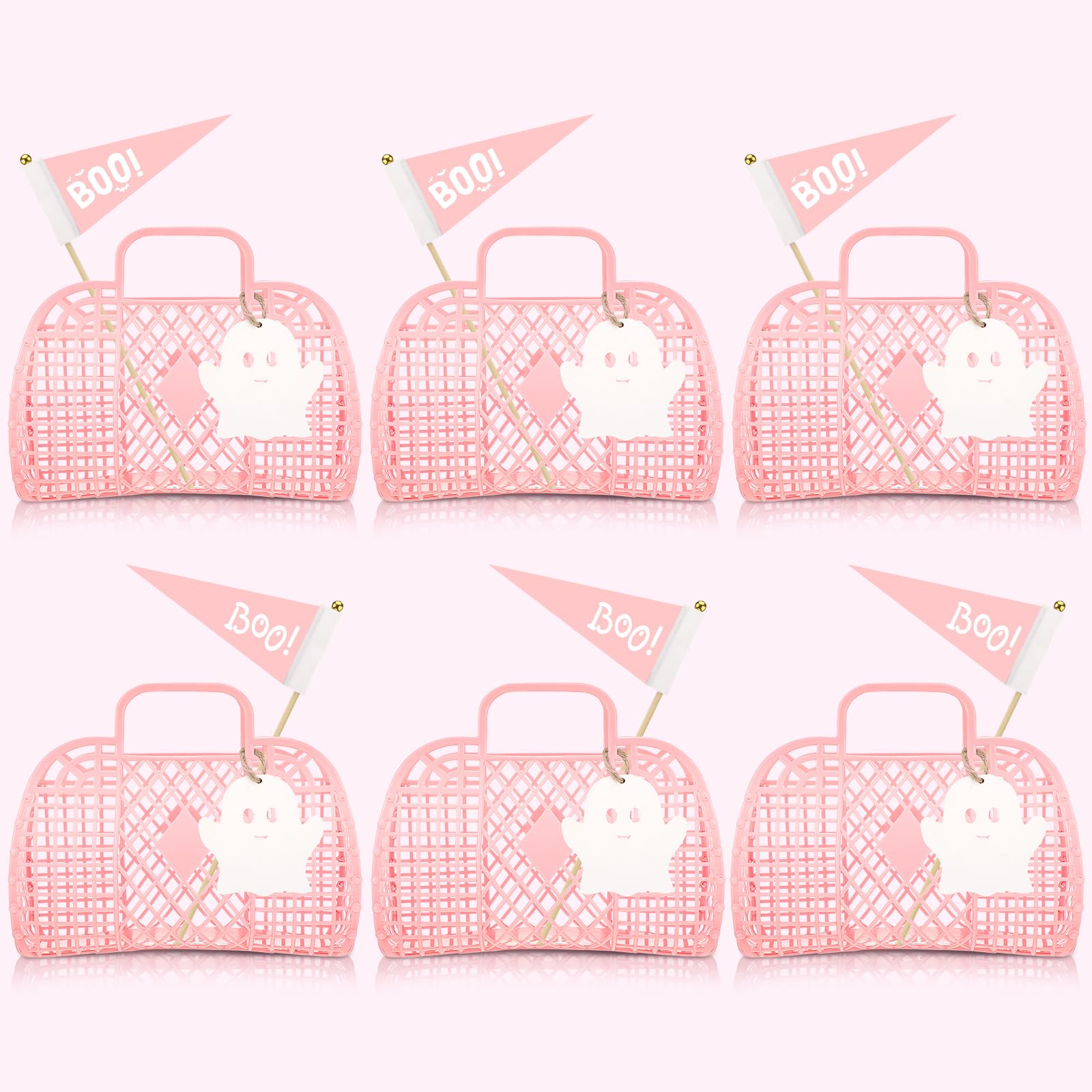 Photo 1 of Gerrii 6 Pcs Pink Halloween Trick or Treat Bucket Cute Ghost Boo Jelly Goodie Candy Gift Basket Tote Bag Bulk with Handle for Halloween Party Decor Supplies