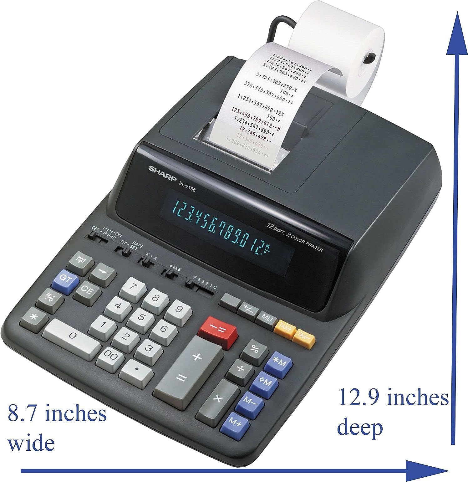 Sharp 12-Digit Print Calculator Desktop Size Adding Machine, Perfect for Everyday Use and Office, Bright, Large Easy-to-Read Numbers on Both The Display and The Two-ColorPrinted Tape (EL2196BL)
