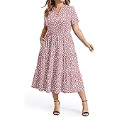 IN'VOLAND Women Plus Size Summer Dresses V Neck Short Sleeve Midi Dress with Pockets Flowy A-line Tiered Beach Sundress 1X-5X