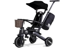 Newtronx Trixplorer Tricycle-7 in 1 Folding Toddler Tricycle Removable Push Handle, Rotatable Seat, Adjustable Canopy, Safety Harness, Storage, Basket-Tricycle for Toddlers for 1-5 Year Old (Black)