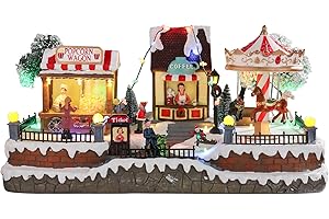 CHONSUN Christmas Village House Musical Christmas Village Amusement Park Popcorn Carousel Christmas Collectible Buildings with LED Lights Christmas Vacation Village with USB Indoor Figurines Decoration