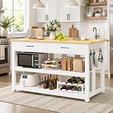 DynJest 47.3" Solid Rubberwood Kitchen Island with Power Outlets, White | Extra-Large Work Surface Island Table, Hooks, 2 Drawers &amp;Open Shelves Storage Cabinet for Kitchen Dining Room,Farmhouse Style