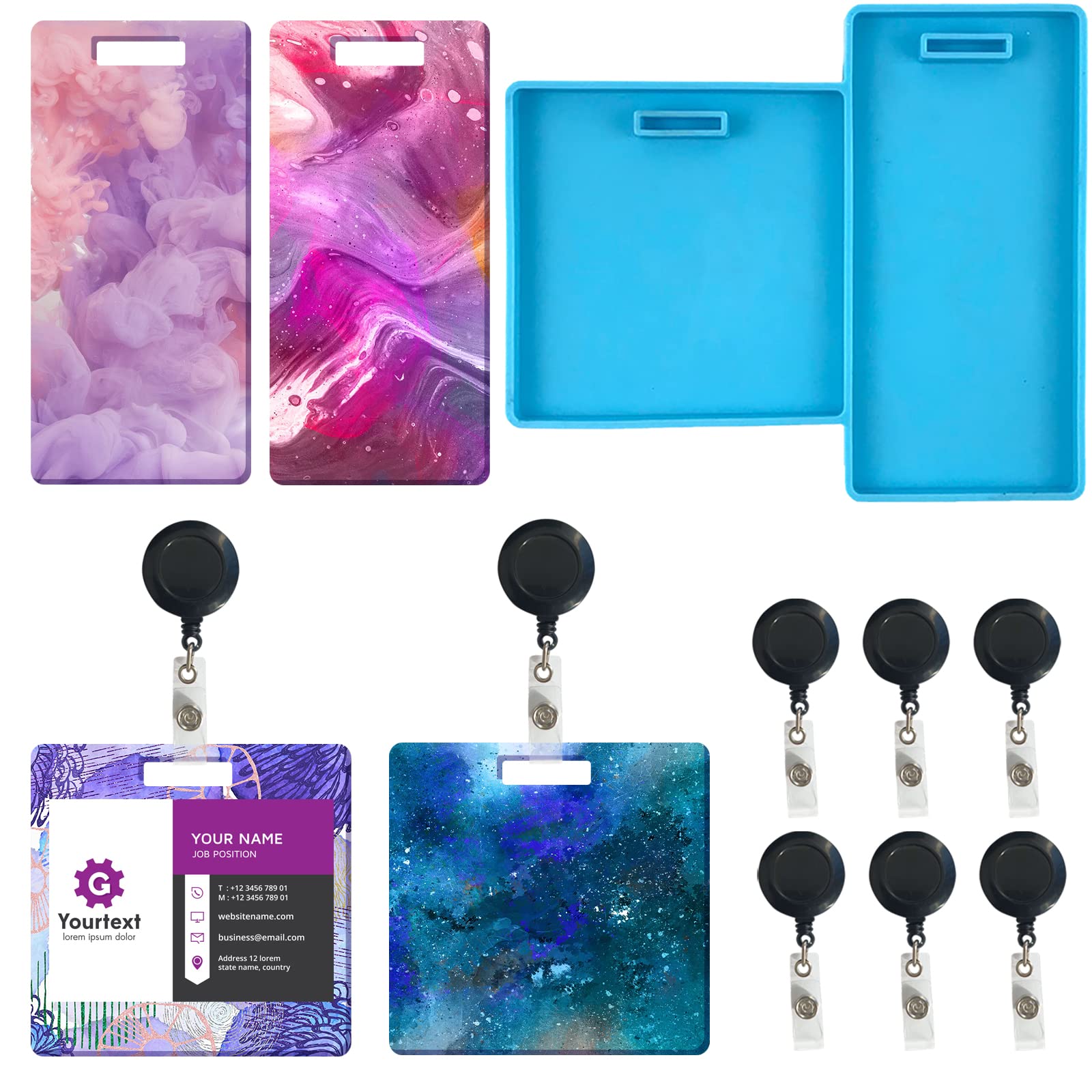 Resin Mold for Name Badge Buddy Tags ID Card Holder Resin Mold Silicone Epoxy Casting Mold RN Work Card Holder for Resin with 6 Pcs ID Badge Reel Clip(Blue)