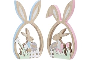 ANTIZZ 2Pcs Easter Decorations for the Home Farmhouse Rustic Wooden Bunny with Egg Easter Tiered Tray Decor Happy Spring Decoration for Indoor Home Party Easter Tabletop Decoration Easter Gifts for Kids