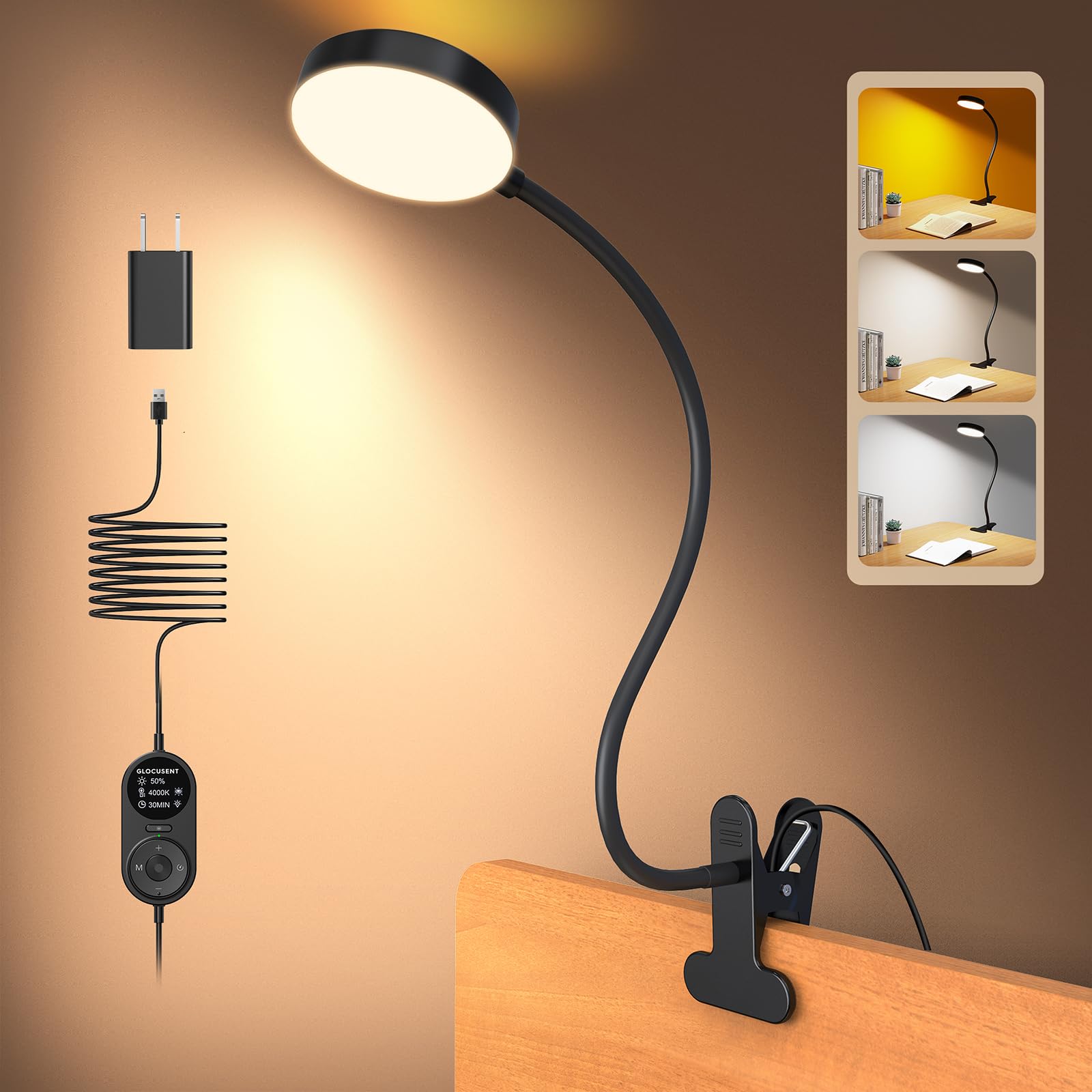 Photo 1 of Glocusent Clip on Light, 72-LED Clip on Lamp with Amber Night Light, 3 Colors & 5 Brightness Bed Lamp, 30-Min Auto Off Timer, Perfect Eye Caring Reading Lamps for Bed/Bunk Bed
