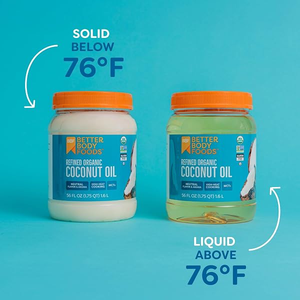 BETTERBODY FOODS ORGANIC REFINED COCONUT OIL, 56 FL OZ, ALL PURPOSE OIL FOR COOKING, BAKING, HAIR AND SKIN CARE