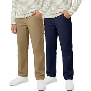 Hyggeweir 2 Pack Boys School Uniform Pants | Kids Uniform Trousers, Straight Leg, Slant Pockets, Elastic Waist, Ribbed Knit,