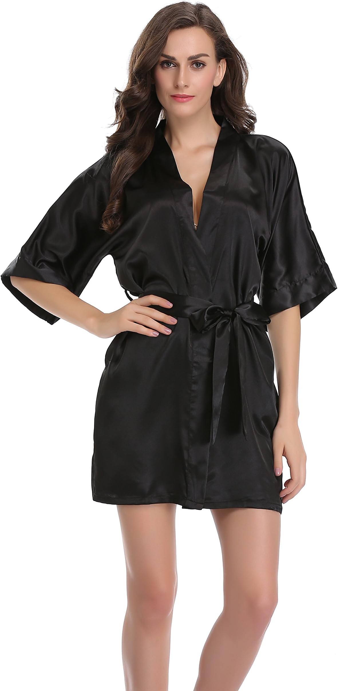 Sunnyhu Women's Satin Kimono Robe with Oblique V-Neck Silky Bathrobe