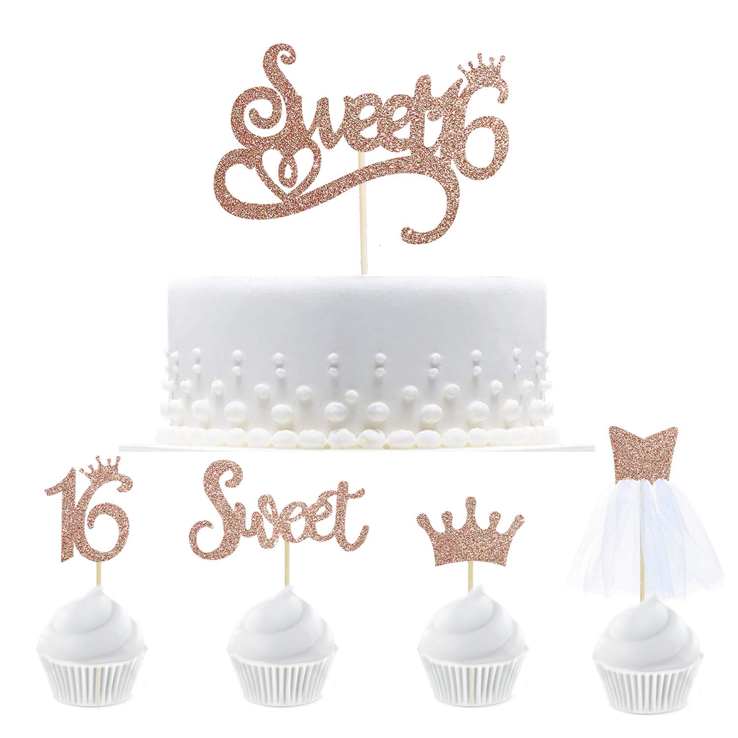 Buy 33pcs Rose Gold Glitter 16th Birthday Cake Topper Cupcake Topper