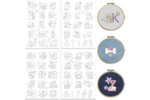Peacoblue Water Soluble Embroidery Patterns for Beginners 4 Sheets with 33pcs 26 Alphabet Animals Dog Cat Patterns, Wash Away
