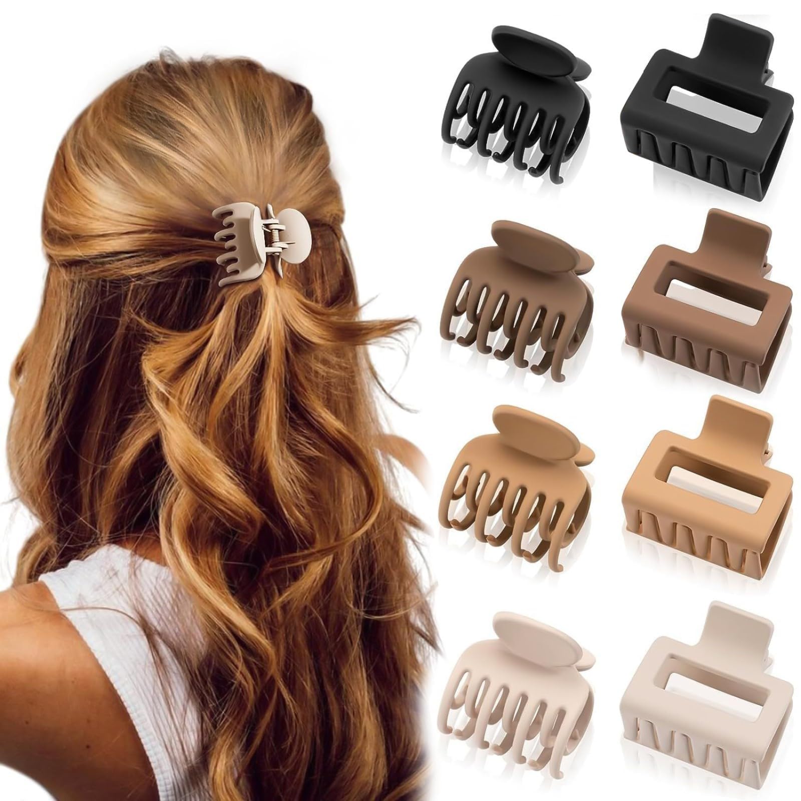 Aucuu 8 Pack Small Hair Claw Clips, No Slip Hair Clamps, Matte Hair Clips, Double Row Teeth Hair Clips, Rectangle Claw Clips, Hairs Accessories for Women Girls for Thin Thick Curly Hairs