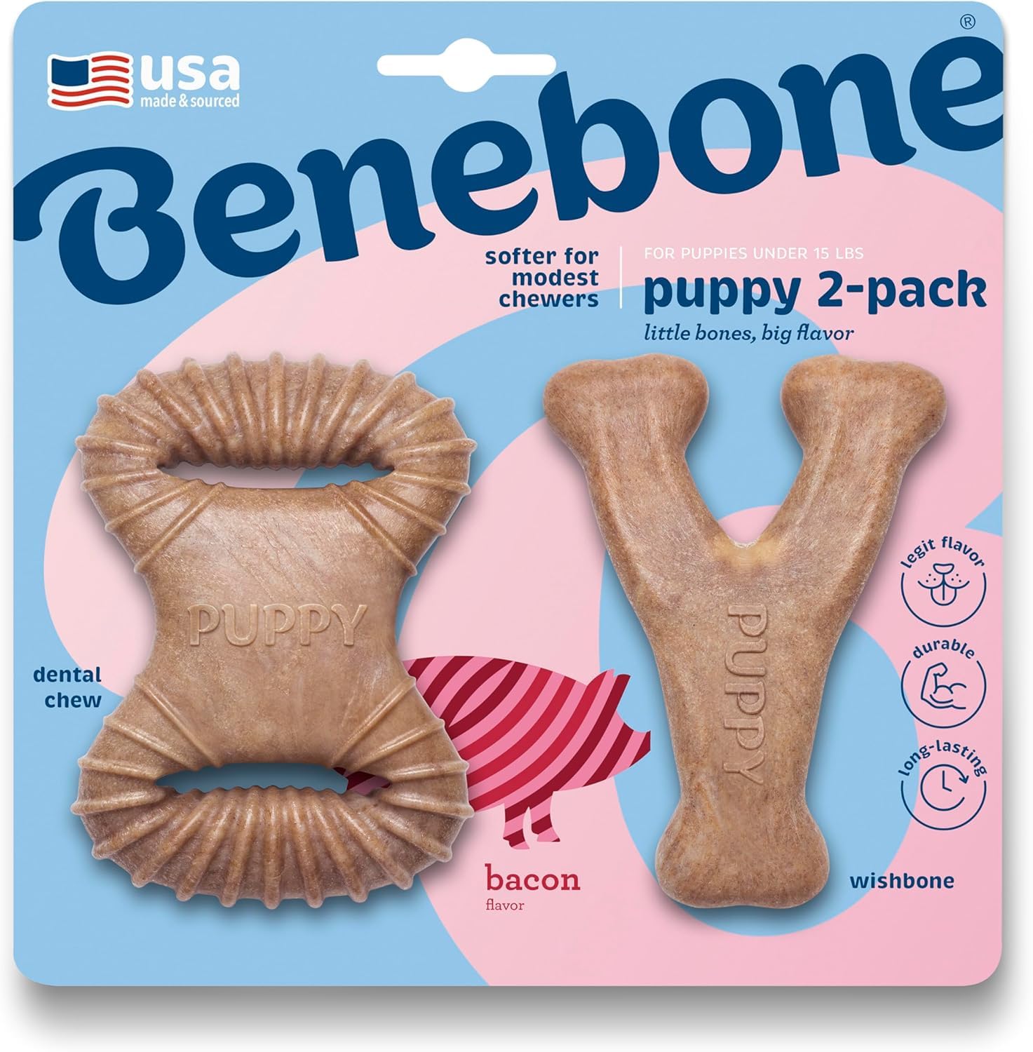 Benebone Puppy Tiny 2-Pack Indestructible Dental Chew/Wishbone for Aggressive Chewers, Long Lasting Teething Boredom Breaker for Puppies, Real Bacon Flavour, For XS Dogs, Made in the USA