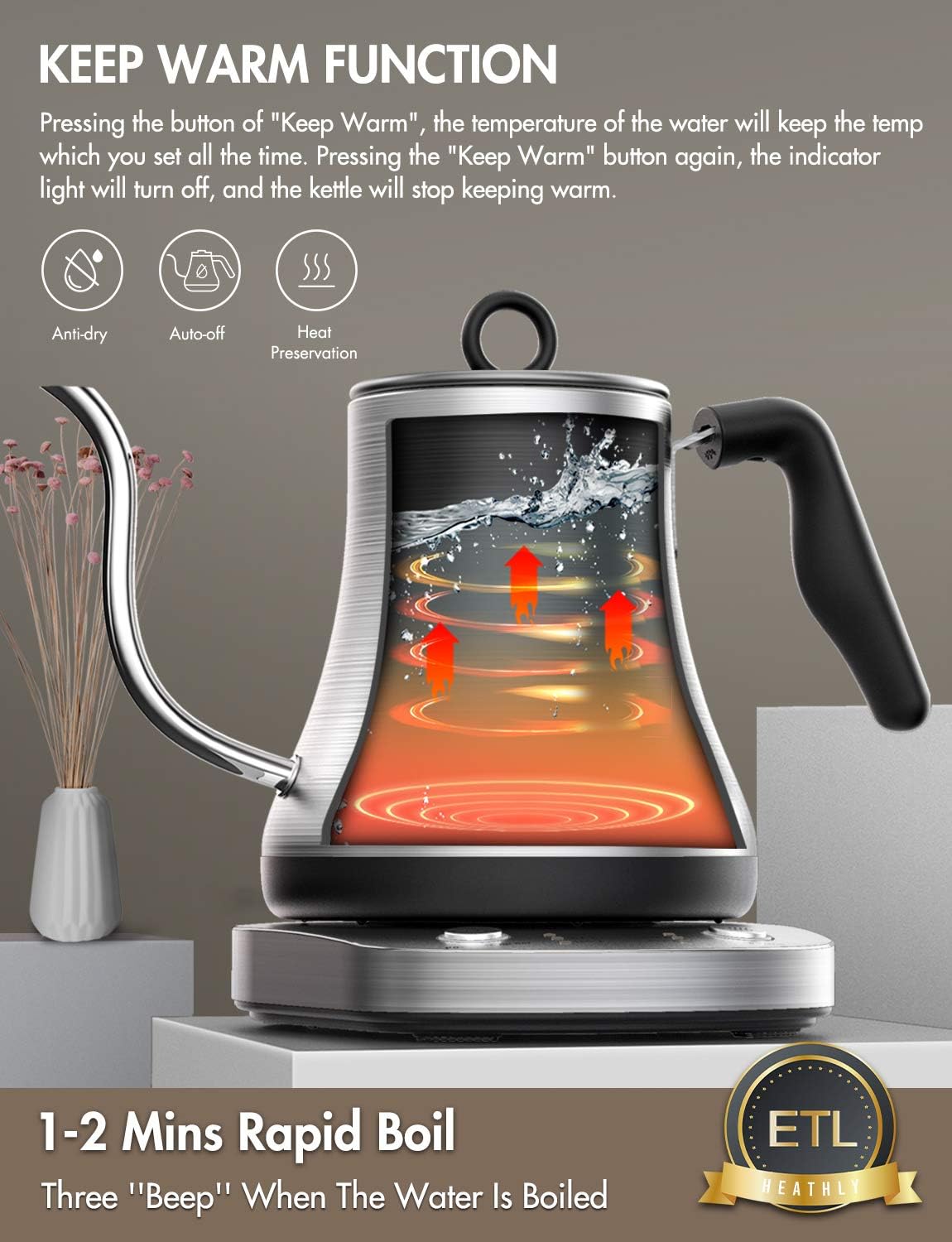 Rozmoz Electric Kettle with Temperature Control, Pour Over Kettle 304 Stainless Steel Tea & Coffee Gooseneck Kettle 0.8L, 1000 Watt Quick Heating: Kitchen & Dining