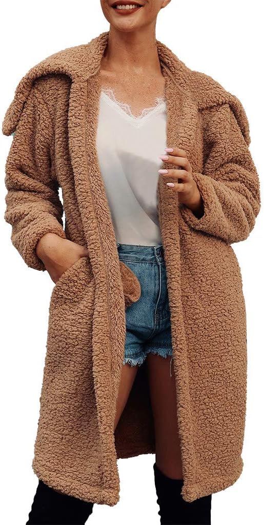 Womens Warm Faux Fur Coat Jacket Solid Color Lapel Collar Long Outerwear