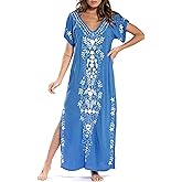 Busbseach Caftan Dresses for Women Embroidery Short Sleeve Beach Cover Up V Neck Maxi Kaftan Dress