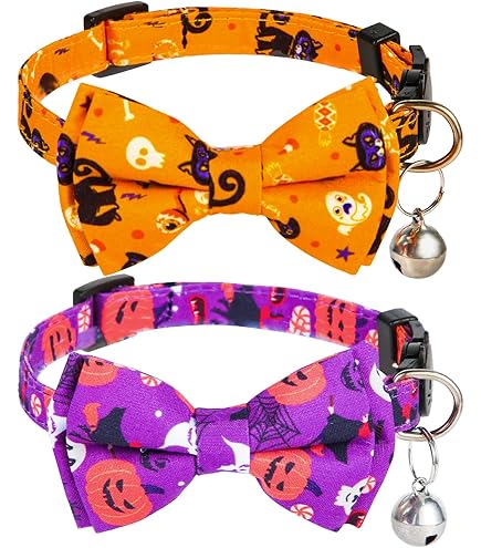 2 Colliers Halloween Pour Chat Avec Nœud Papillon Et Clochette - Collier Réglable Et Détachable - Accessoire Déco Festif
