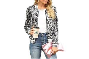 ACEFAST INC Women's Shiny Sparkle Sequins Long Sleeve Zip Blazer Halloween Party Bomber Jacket