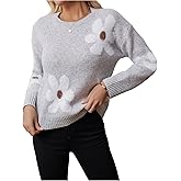 MakeMeChic Women's Winter Floral Sweater Long Sleeve Rib Knitted Crew Neck Pullovers