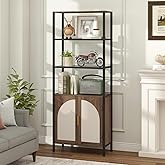 Turosur Bookshelf with Rattan Doors 5 Tier Book Shelf 71" Tall Bookcase with Light Free Standing Storage Shelving Unit Booksh