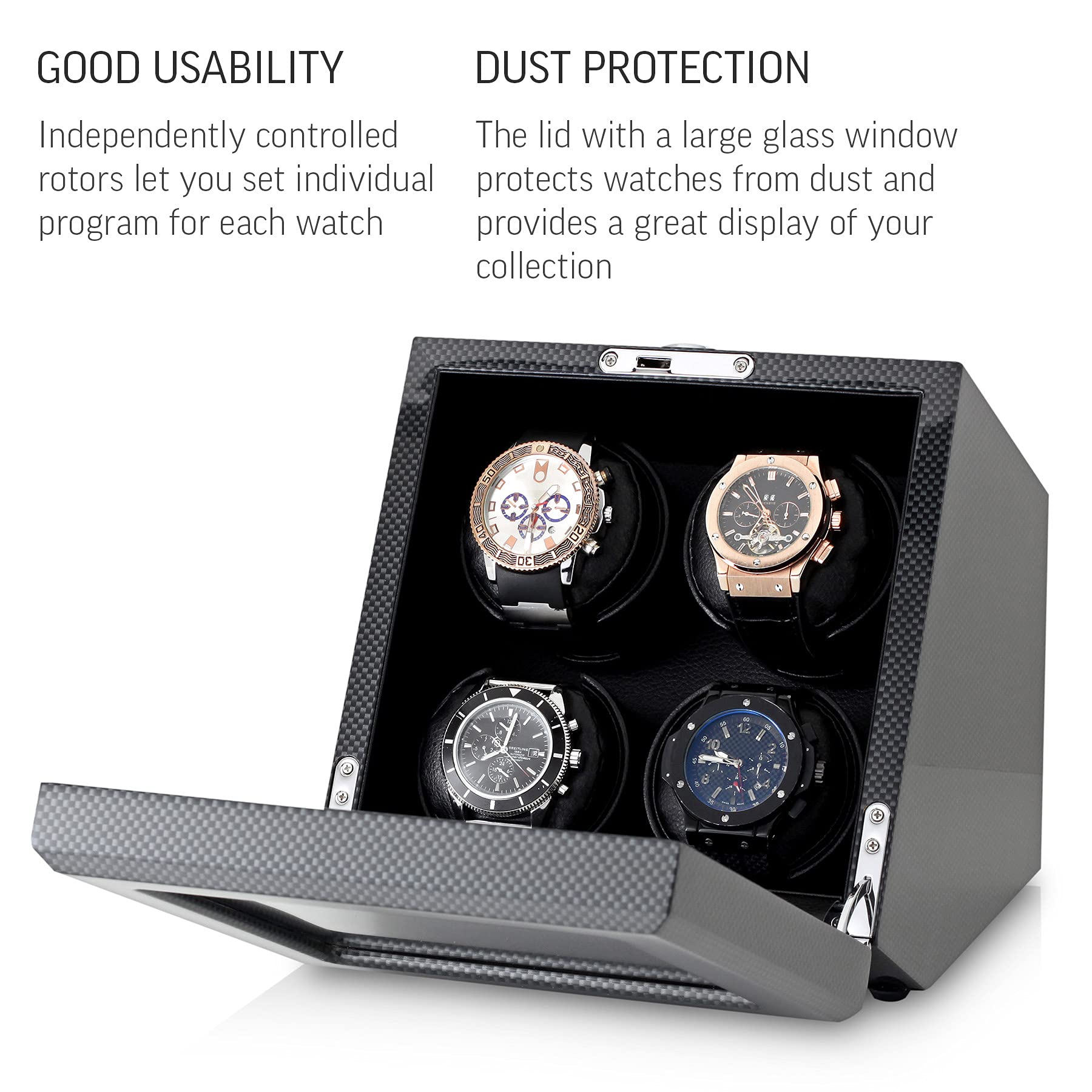 4 Watch Winder with Motor-Stop Option and Quiet Rotors (Carbon)