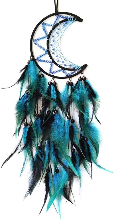 Donko Moon Dream Catcher Black & Blue Handmade Feather Wall Decor