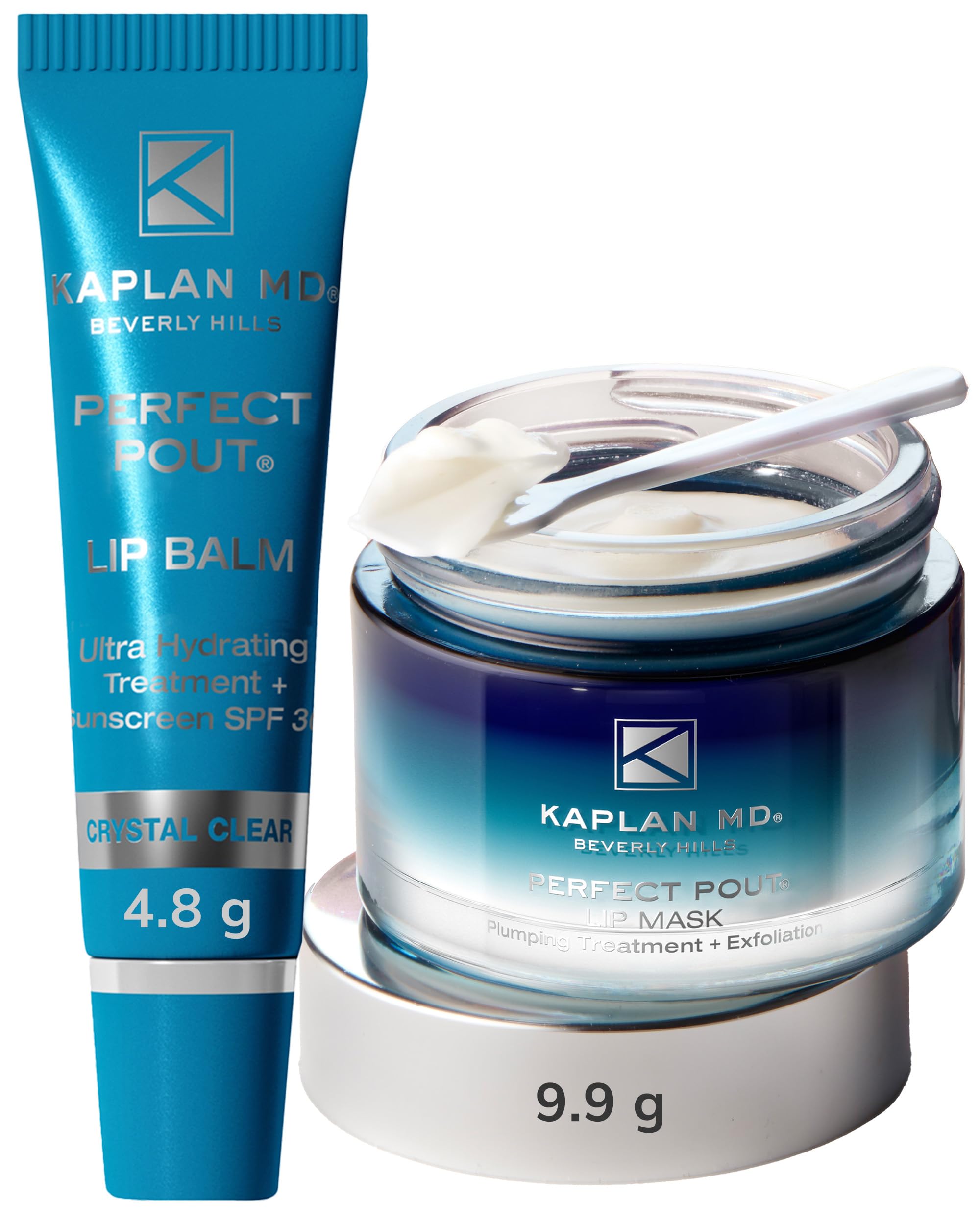 KAPLAN MD Perfect Pout Lip Mask & Lip Balm Duo - SPF 30 Hydrating Treatment with Hyaluronic Acid - Boosts Collagen Synthesis for Dry, Ageing Skin - Crystal Clear - Mask (10g) + Balm (5g)