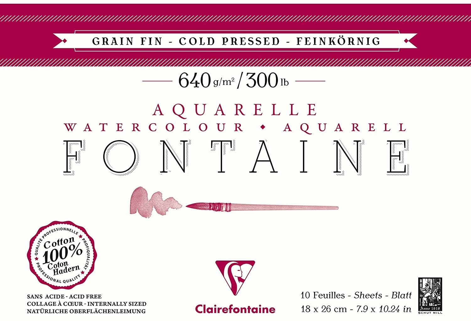 Clairefontaine - Ref 96357C - Fontaine Cold Pressed Watercolour Glued Pad (10 Sheets) - 18 x 26cm Size, 640gsm Paper - Suitable for Watercolour Artwork