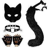 HAOAN Faux Fur Half Face Mask Paw Gloves Wolf Fox Tail and Leather Necklace Set Costume for Halloween Cosplay Party