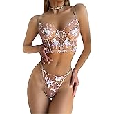 HELLOLAGIRL Women Sexy Lingerie Set Champagne Floral Sexy Sheer Embroidered Lingerie Set