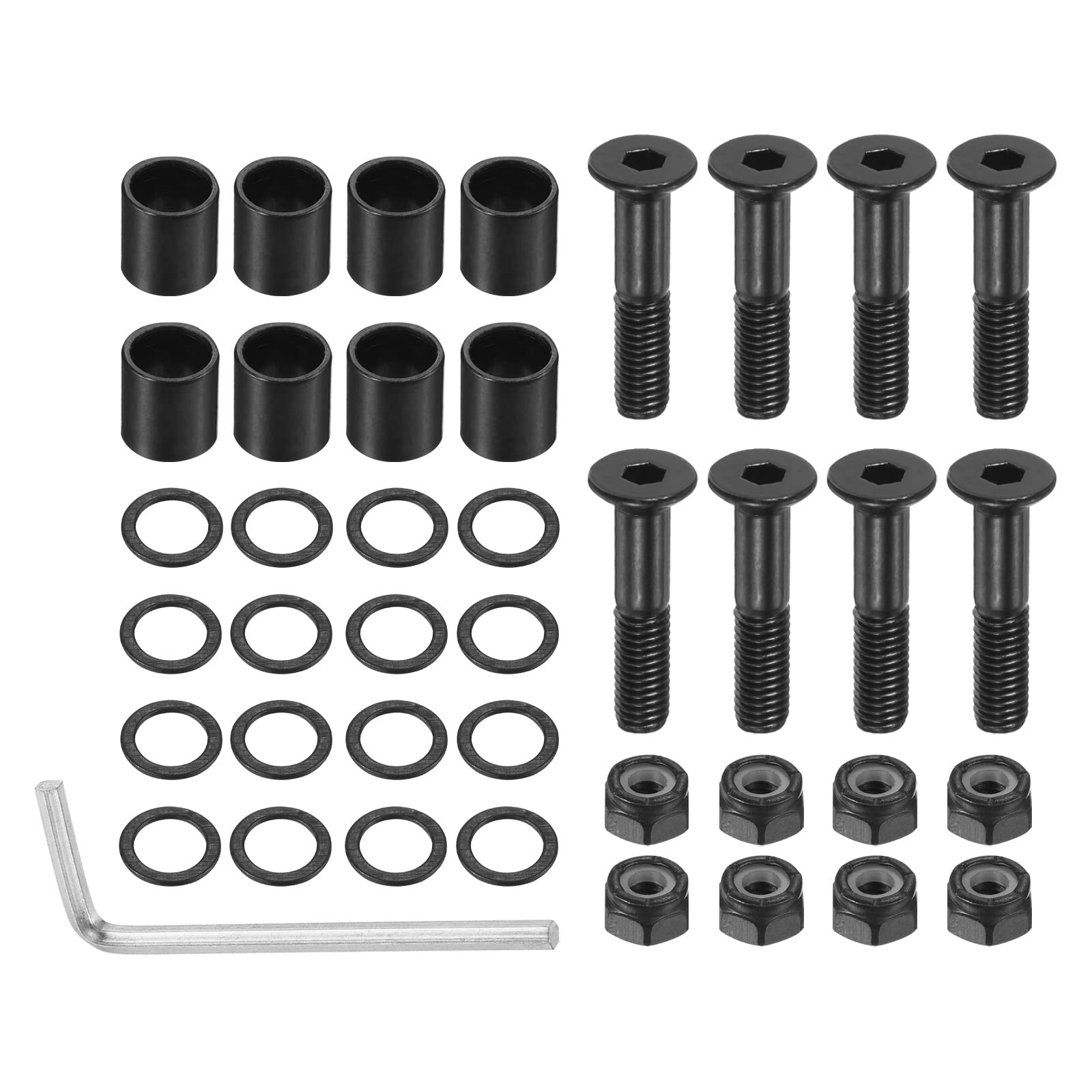 PATIKIL 1 Inch Skateboard Hardware Screws Bolts Kit, 8Pcs Skate Tools Mounting Hex Key Parts with Spacers Washers Nuts Wrench for Skateboard Longboard Wheel Accessories, Black
