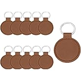 MECCANIXITY 10 Pcs PU Leather Keychain Blanks Bulk Circle Laser Engraving Keychain Leather Key Fob Kit with Key Rings for DIY Supplies Gifts (Brown, 2" Dia.)