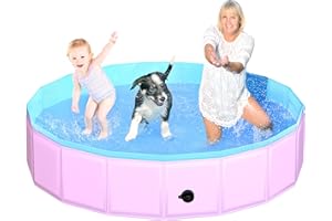 CACSPS 2025 Updated Foldable Dog Pool, 71" x 12" Kiddie Pool with Hard Plastic, Non-Slip Dog Bath Tub for Outdoor Backyard, Collapsible Dog Swimming Pool for Kids Dogs Pets (Pink)
