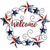 Metal Wall Hanging Wreath with Stars and Stripes, 4th of July Outdoor Rustic Americana Front Door Wreath 4th of July Outdoor Hanging Ornament Wall Decor Patriotic Welcome Sign,