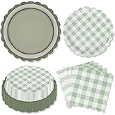 150 Pcs Sage Green Gingham Party Supplies, Green Plaid Scalloped Plates 9 Inch Disposable Checkered Dinner Dessert Plates and Cocktail Napkins for Birthday Baby Shower BBQ Party, Serve 50 Guests