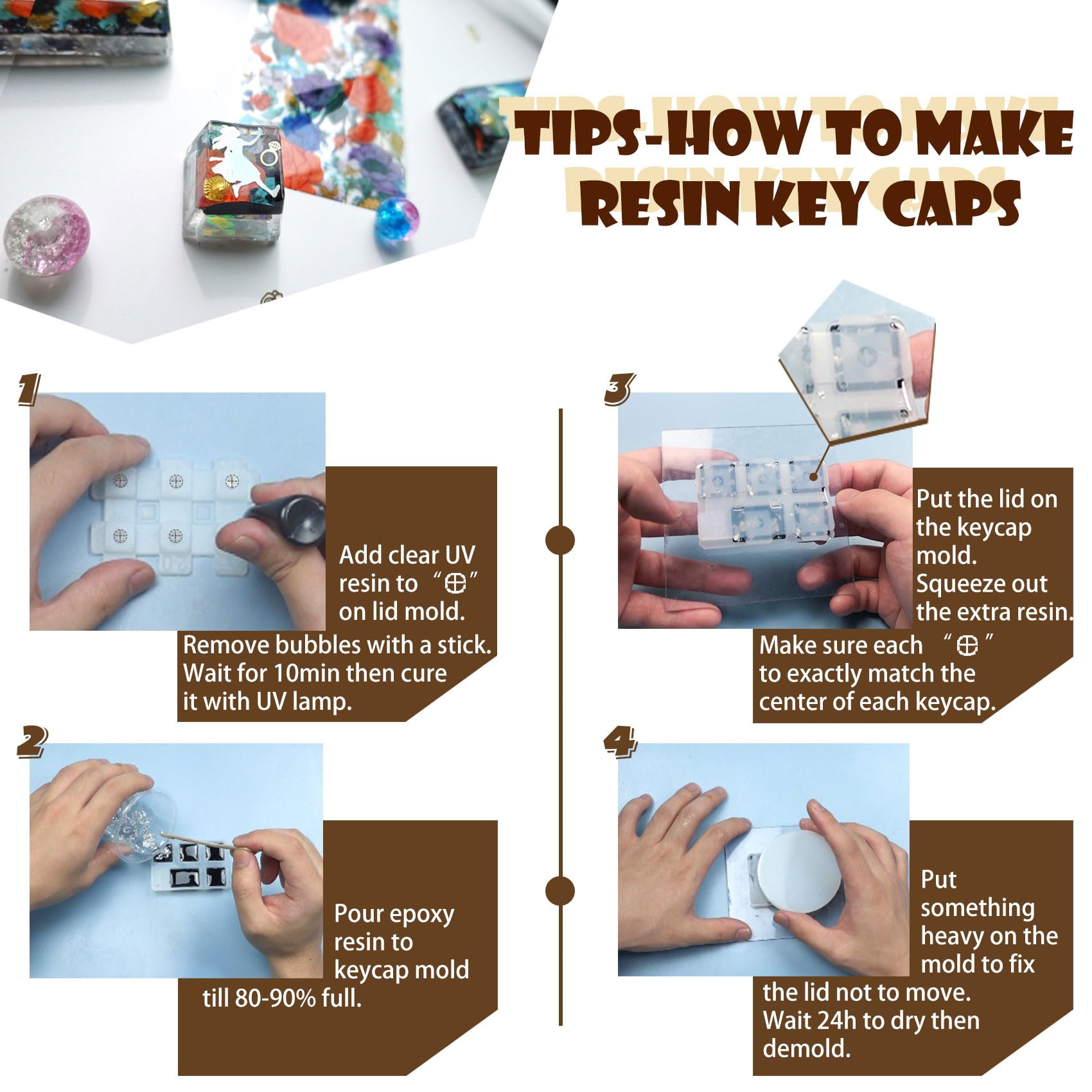 Keycaps Epoxy Resin Casting Molds Set for Mechanical Gaming Keyboard Polymer Clay Crafts 7 Silicone Trays with Key Puller