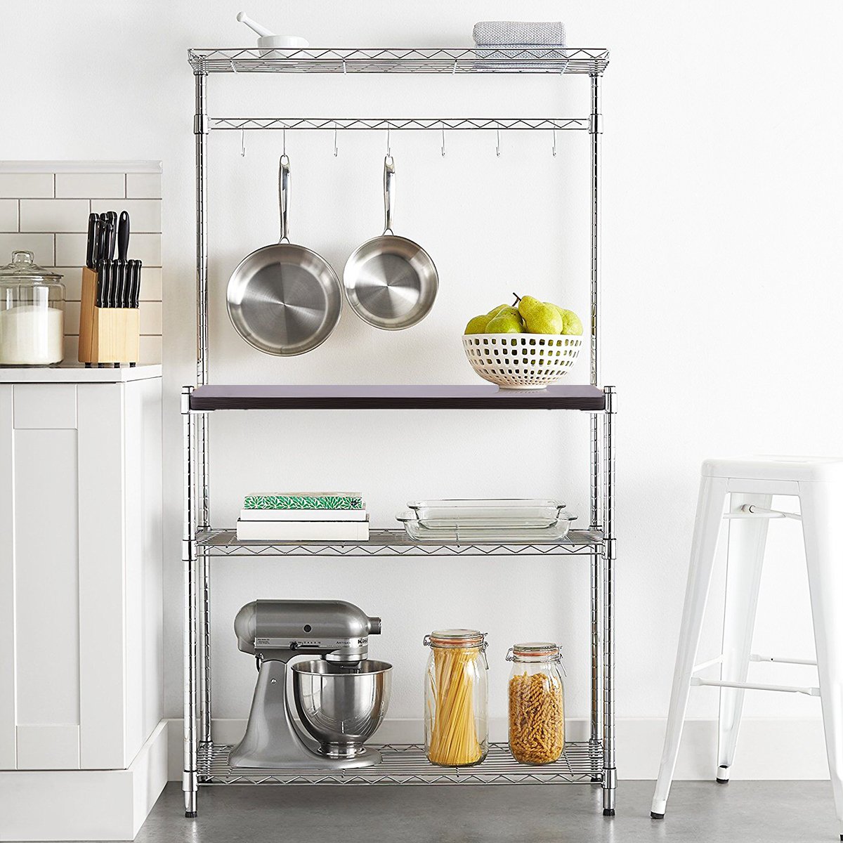 Kitchen Bakers Rack, Adjustable 4 Tiers Carbon Steel Multifunctional Moveable Microwaves Rack with Composite Board and Hooks