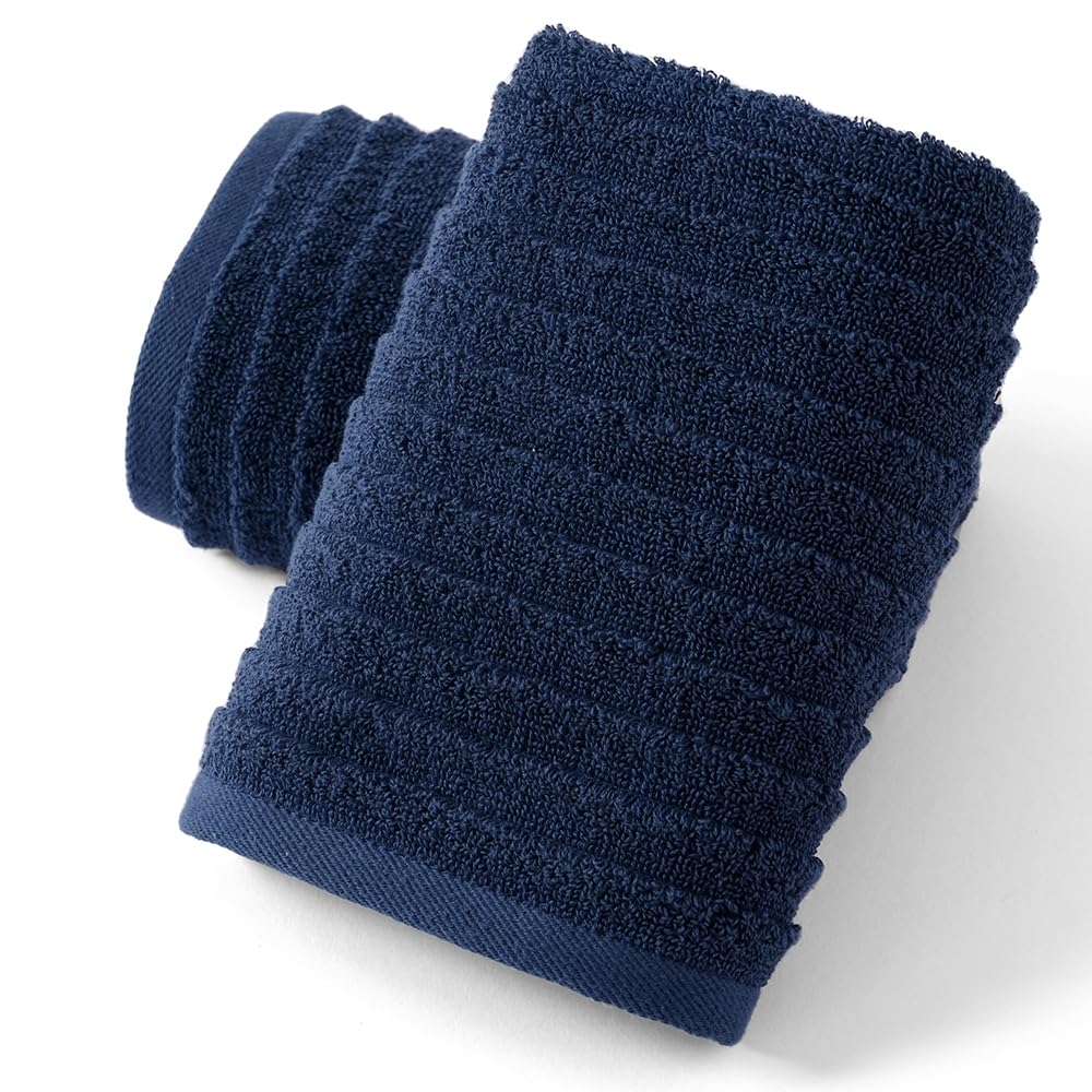 sense gnosis Navy Hand Towel Set of 2 Soft Stereoscopic Ladder Striped Design 100% Cotton Absorbent Luxury Decorative Towel for Bathroom 13 x 29 Inch